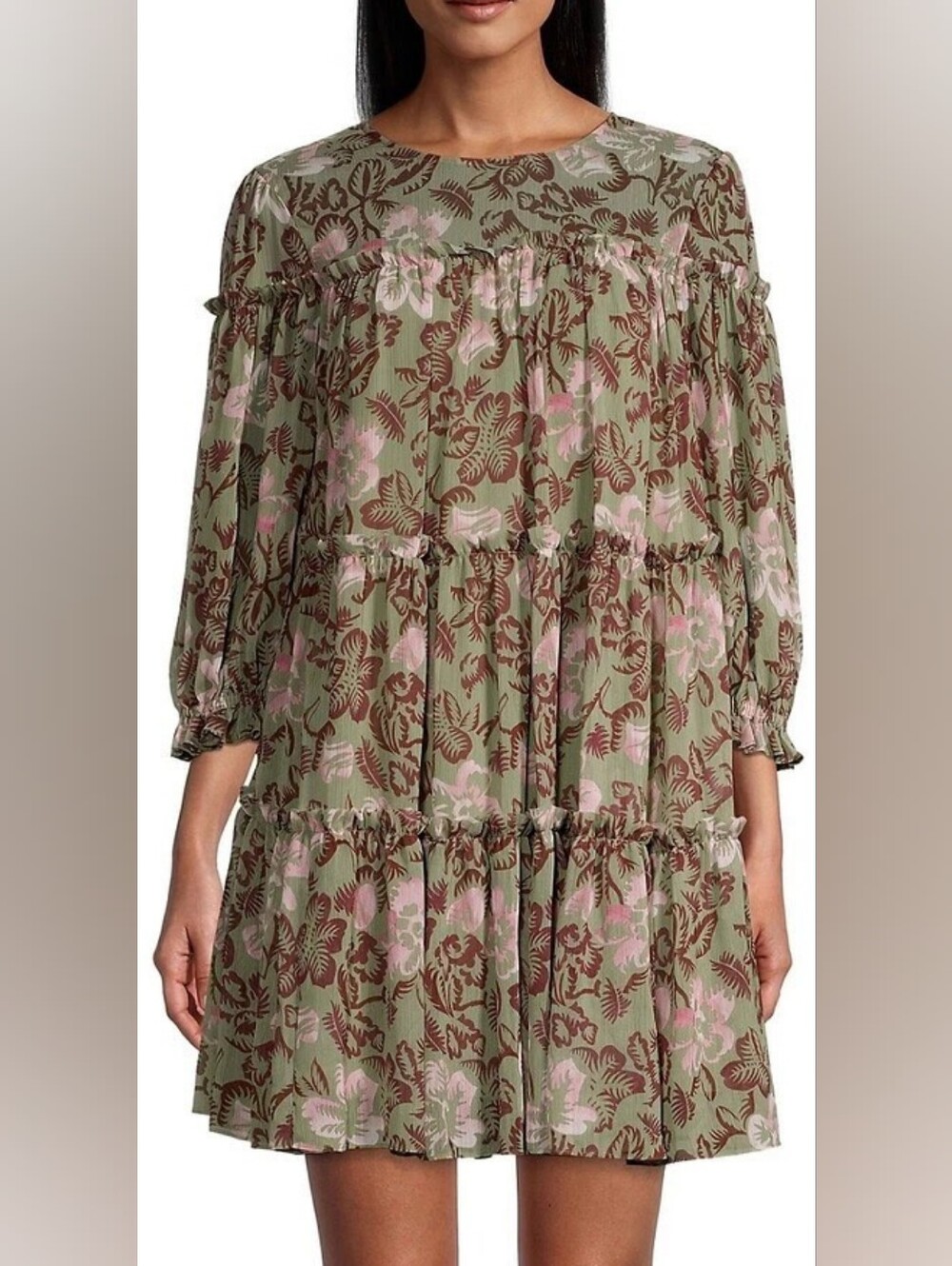 Ted Baker Olive and Pink Floral Tiered Mini Dress - Picture 3 of 11